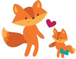 alt="illustrative fox character with another smaller illustrative fox character that's holding a green book, between the two characters is a heart"