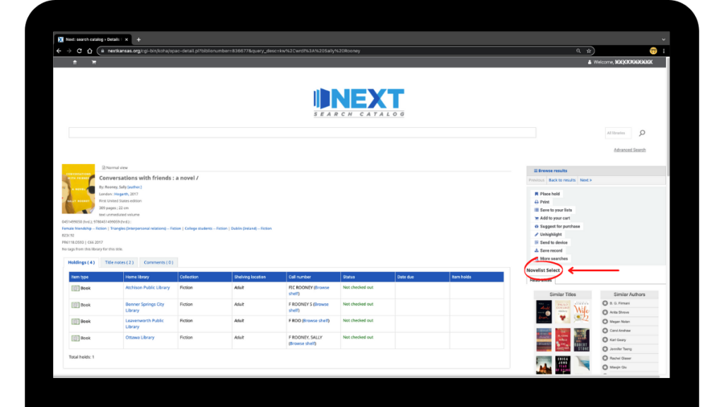 alt="this is a screenshot of the NextKansas catalog highlighting the location of the Novelist Select feature on the right-hand side of the screen when searching for books"